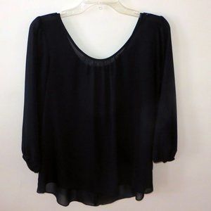 Sheer Black Blouse with Bow Decor on Back, 3/4 Sleeves, Loose Fitting, Flowy M